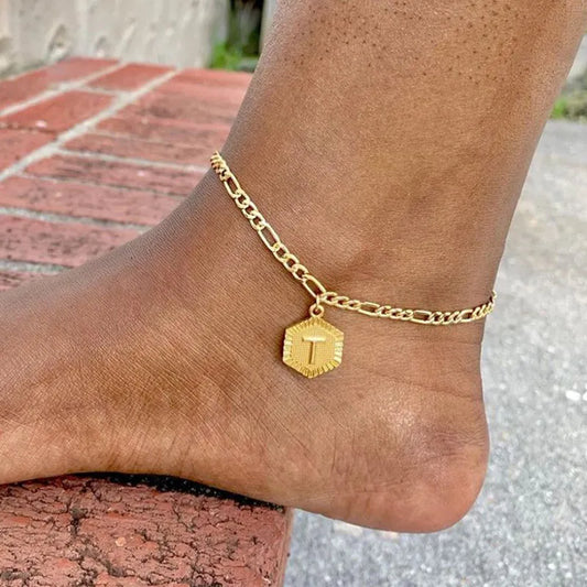 A-Z Initial Letter Anklets for Women Stainless Steel Anklet  21cm + 10cm Figaro Chain Summer Beach Accessories Jewelry