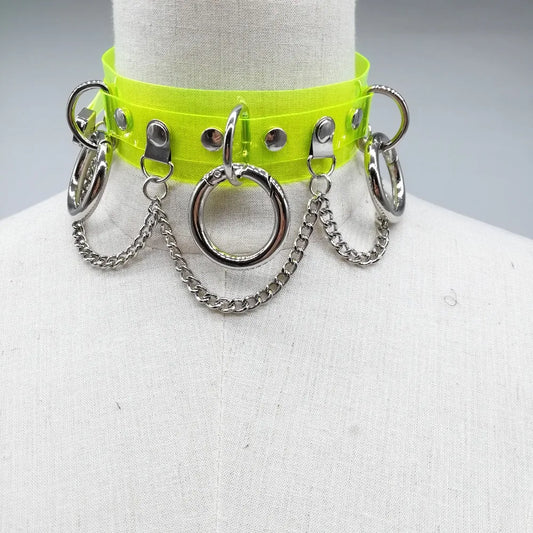 Women Fashion Punk Choker Necklace Handmade Neon Green Neon Pink Three O Chain Necklace Harajuku Collar Belt