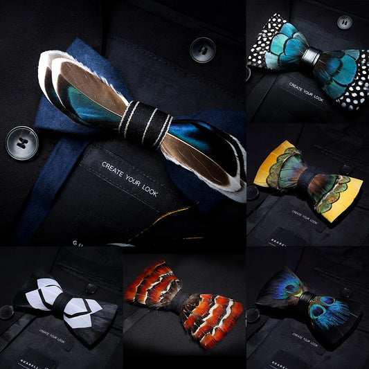 KAMBERFT Designer Brand Handmade Feather and Leather Pre-Tied Bow Tie and Brooch Sets for Men Wedding Party Best Cravate