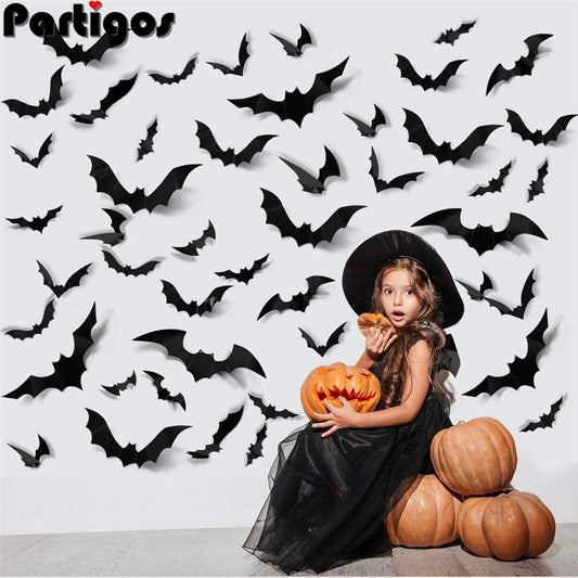 24/48pcs Halloween Decoration 3D Black PVC Bat Halloween Party DIY Decor Bar Room Halloween Party Scary Decos Props Wall Sticker