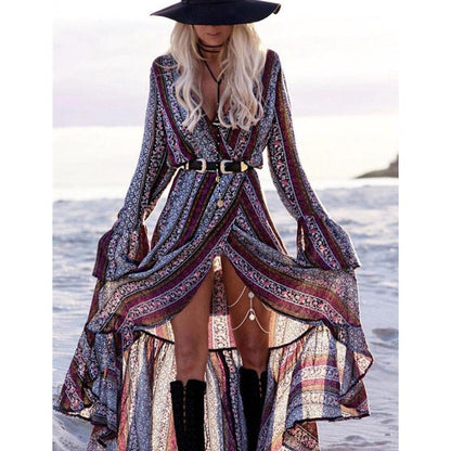 Women Summer Dress Boho Style Women Long Maxi Evening Party Dress Vintage Floral v Neck High Split Beach Dresses Su