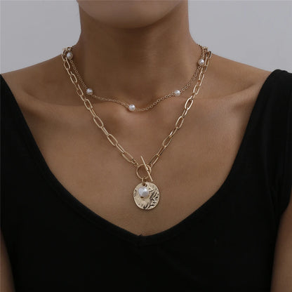 IngeSight.Z Punk Multi Layered Imitation Pearl Choker Necklace Collar Virgin Mary Coin Crystal Pendant Neck Women Jewelry