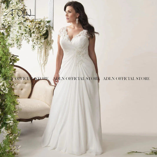 Elegant Plus Size Wedding Dresses V-Neck Cap Sleeves Robe De Mariage Sweep Train Appliqued Open Back Chiffon Bridal Gown