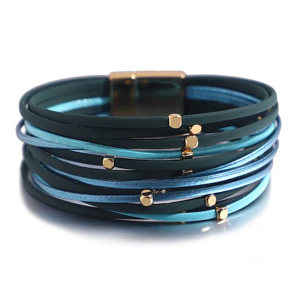 ALLYES Metal Beads Leather Bracelets for Women 2023 Slim Strips Boho Multilayer Wide Wrap Bracelet Femme Jewelry