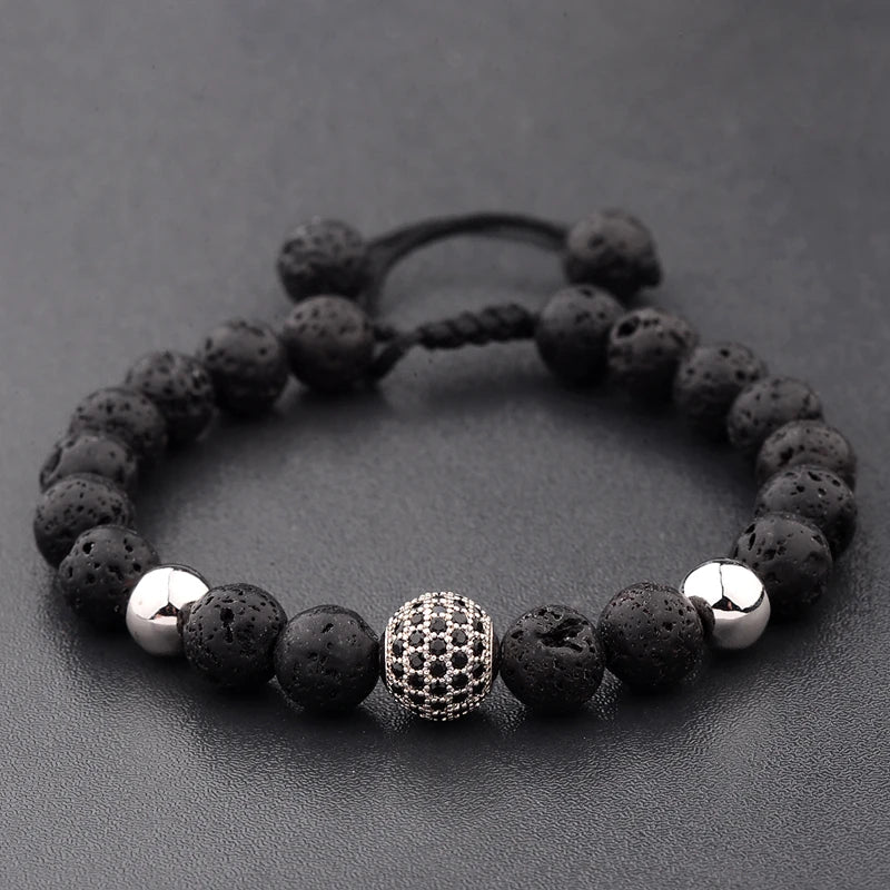 DOUVEI Round Black CZ Zircon Pave Lava Weaving Bracelet Men Beads Weaving Bracelet Homme Adjustable ABL005