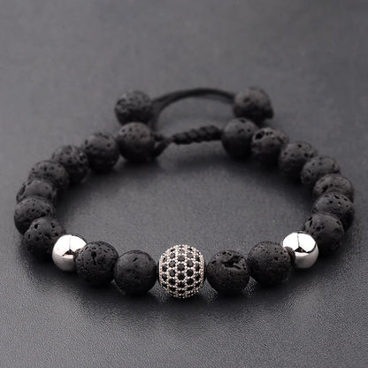 DOUVEI Round Black CZ Zircon Pave Lava Weaving Bracelet Men Beads Weaving Bracelet Homme Adjustable ABL005
