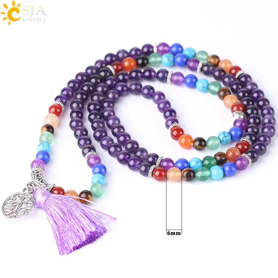 CSJA Women Maxi Long Necklace Natural Mala Gem Stone Bead Tassel 7 Chakra Tiger Eye Pink Quartz Howlite Reiki Boho Necklace E590