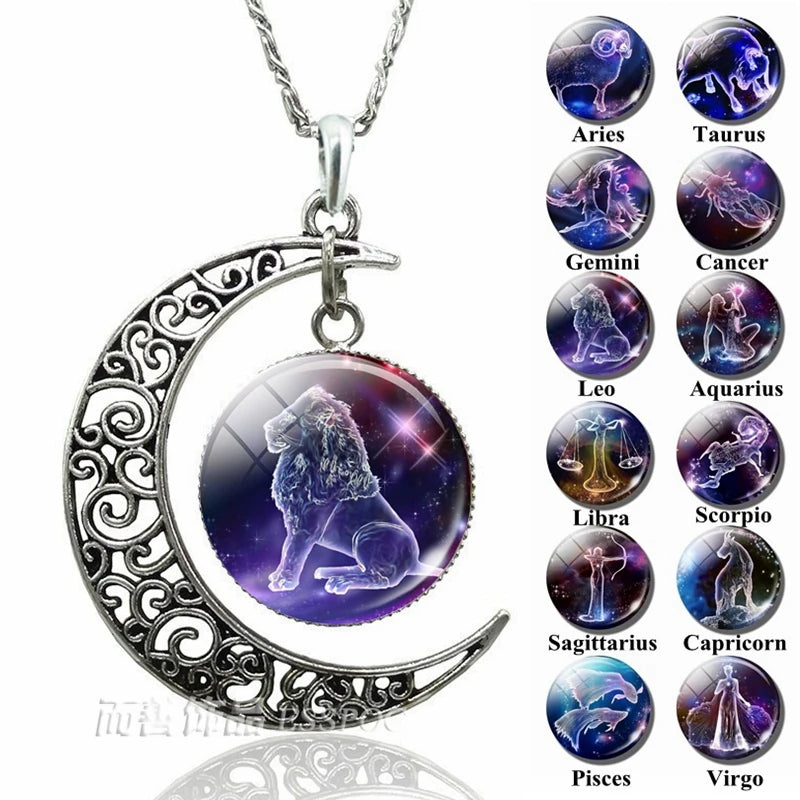 12 Constellation Crescent Moon Necklace Zodiac Sign Glass Jewelry Pendant Aries Gemini Cancer Leo Women Birthday