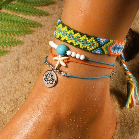 MOON GIRL Handmade Weave Bobo Lotus Anklet Set Fashion Starfish 4 Pieces Bohemian Chic Summer Bracelet Ankle for Women