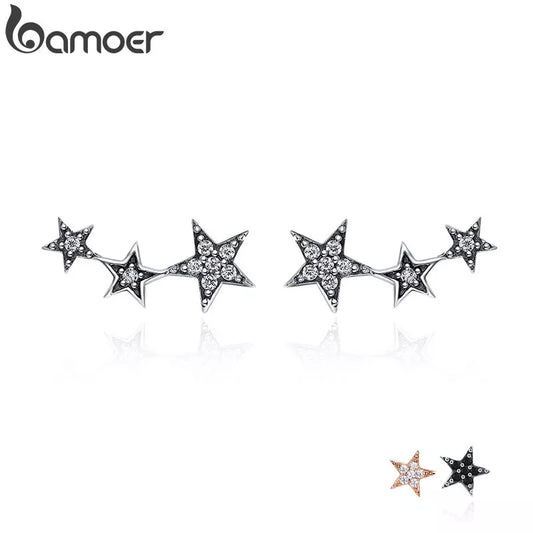 BAMOER Authentic 925 Sterling Silver CZ Exquisite Stackable Star Earrings for Women Jewelry Valentine's Day