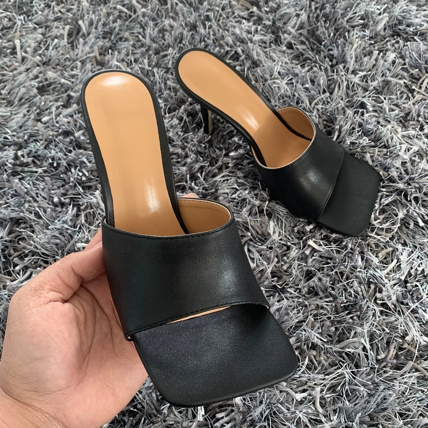 2023 New Summer Women Sandals Square Toe Ladies Heel MulesThin High Heels Sandals Slippers Female Fashion Woman Shoes
