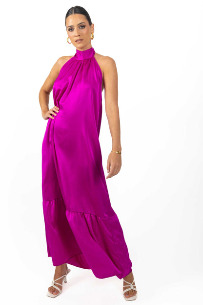 Nalory Satin Silk Backless Maxi Dress in Magenta