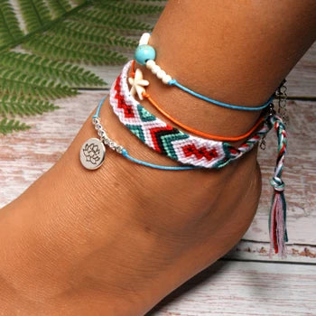 MOON GIRL Handmade Weave Bobo Lotus Anklet Set Fashion Starfish 4 Pieces Bohemian Chic Summer Bracelet Ankle for Women