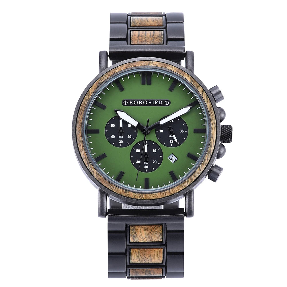 BOBO BIRD P09 Wood and Stainless Steel Watches Mens Chronograph Wristwatches Luminous Hands Stop Clock