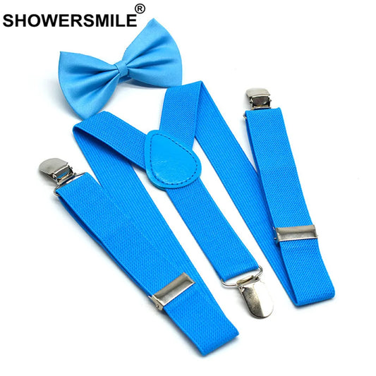 SHOWERSMILE Boys Suspenders Kids Blue Children Suspender Pant Yellow Pink Black Navy Red Wedding Baby Girls Braces Bow Tie Set