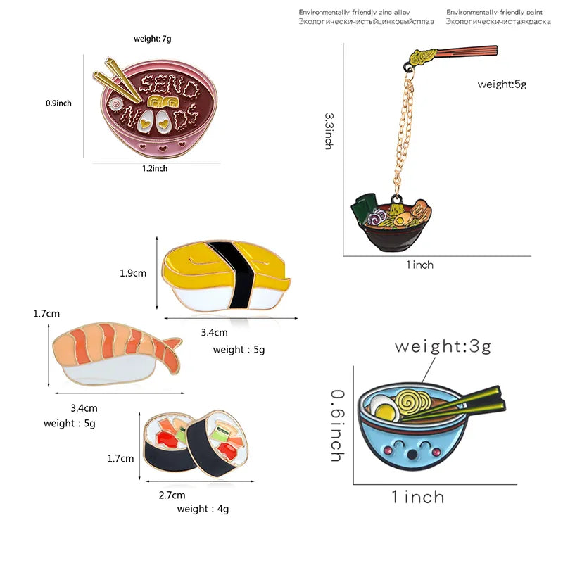 Cartoon Ramen Sushi Enamel Pins Cute Japanese Foods Tonkotsu Noodles Brooches Denim Shirt Collar Lapel Pins Badge Jewelry