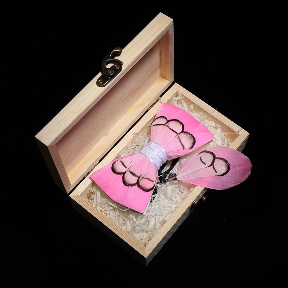 KAMBERFT Design Handmade Feather Bow Tie Brooch Wooden Box Set High Quality Men's Bowtie Leather Tie for Wedding Party Banquet