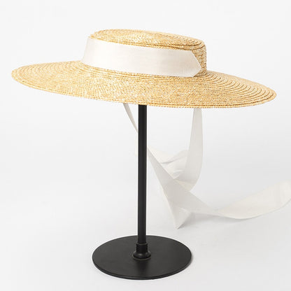 Wide Brim Boater Hat 10cm 15cm Brim Straw Hat Flat Women Summer Kentucky Derby Hat White Black Ribbon Tie Sun Hat Beach Cap