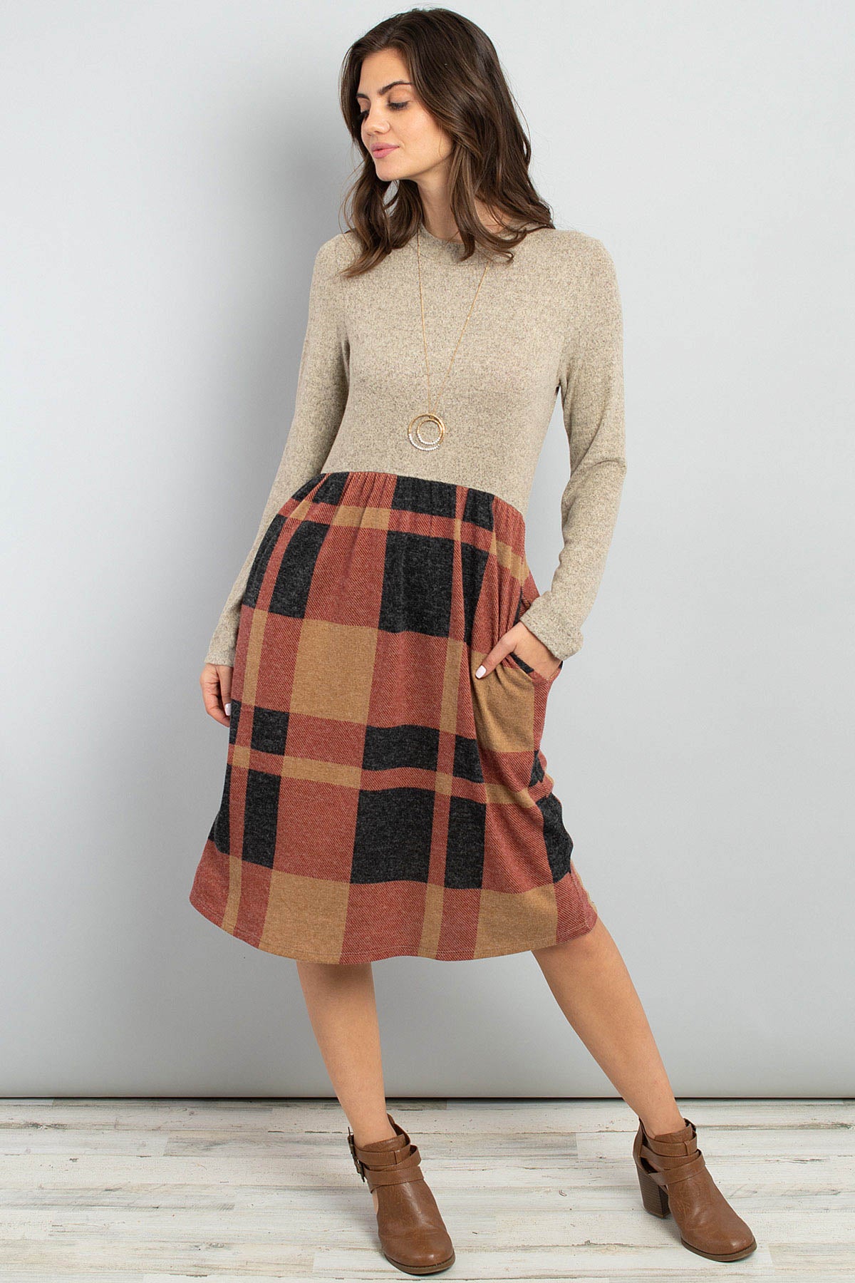 Two Toned High Neck Long Sleeves Plaid Contrast Dress