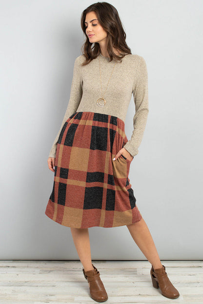 Two Toned High Neck Long Sleeves Plaid Contrast Dress