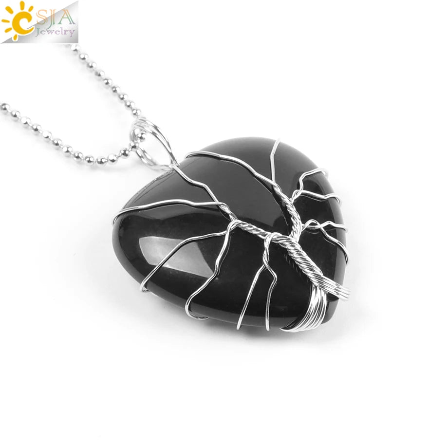 CSJA Tree of Life Wire Wrapped Love Heart Necklace & Pendant Suspension Natural Gem Stone Tiger Eye Pink Quartz Black Onyx F053