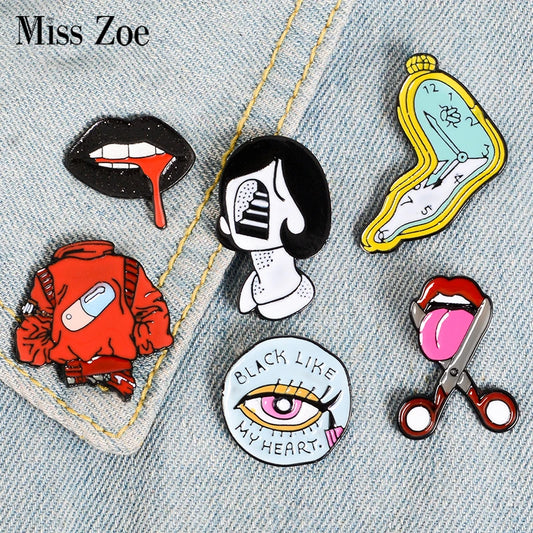 Pill Eyeliner Tongue Lips Enamel Pins Twisted Clock Girl Brooches Denim Shirt Lapel Pin Bag Punk Cool Jewelry for Friends