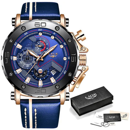 2023LIGE New Fashion Mens Watches Top Brand Luxury Big Dial Military Quartz Watch Leather Waterproof Sport Chronograph Watch Men