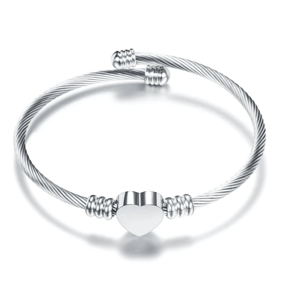 Fashion 3Colors Jewelry Women's Bijoux Bangles Stainless Steel Twisted Cable Wire Heart Charm Bracelet Bangle for Design