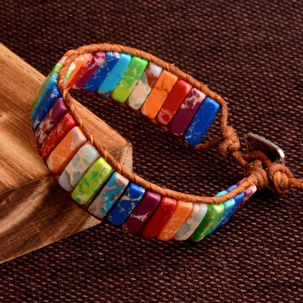 7 MultiColor Chakra Natural Stone Bracelet Bohemia Handmade Tube Beads Leather Wrap Bracelet Yoga Bracelets for Woman