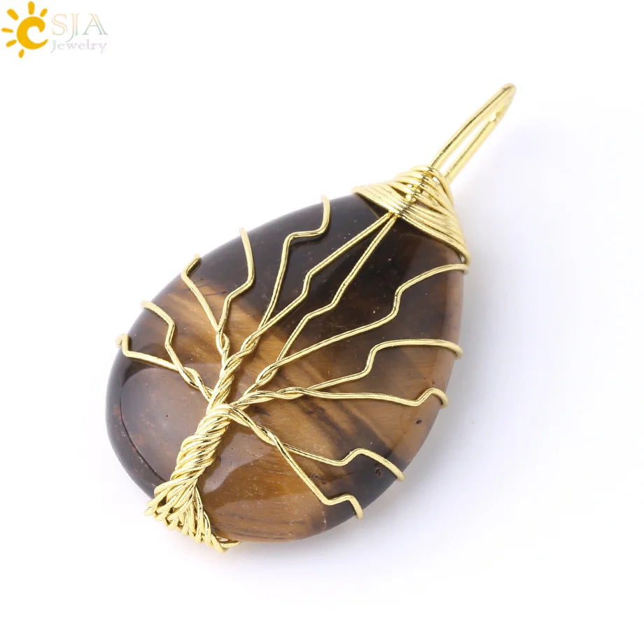 Tiger Eye Tree of Life Crystal Necklace Natural Stone Pendant Wire Wrap Rose Crystals Pink Quartz Amethyst Green Aventurine E585