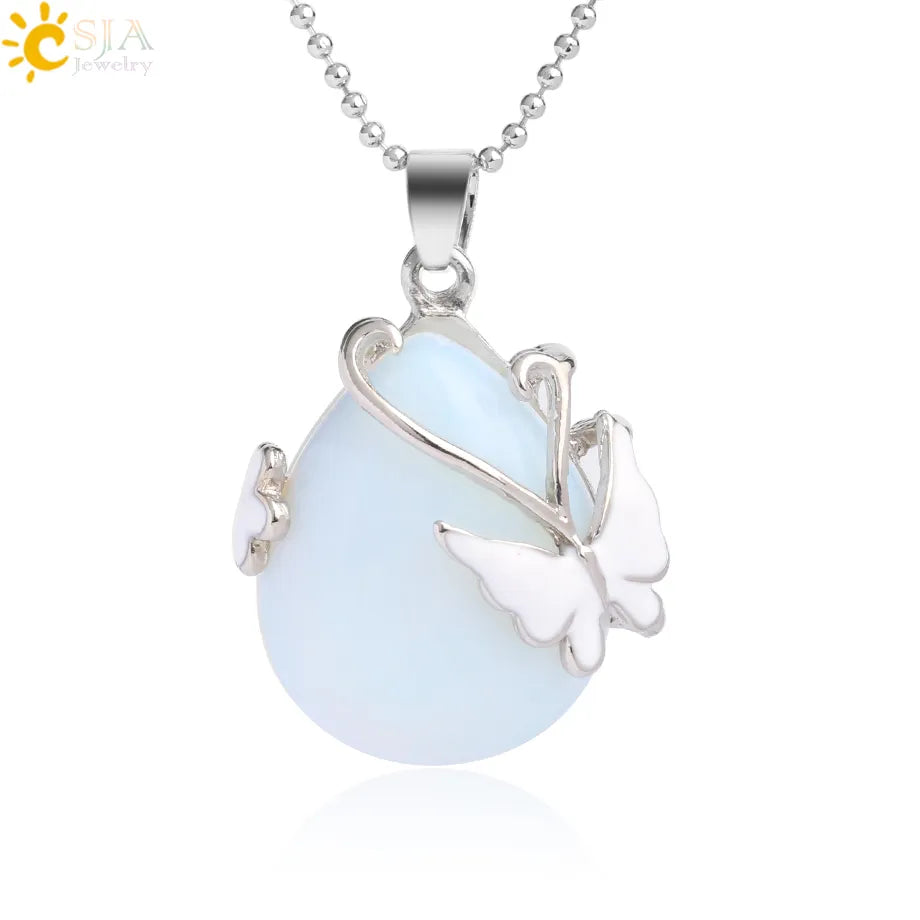 CSJA Water Drop Natural Stone Pendant Butterfly Necklace Pink Quartz Purple Crystal Tiger Eye Flower Necklace for Women Men G082