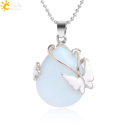 CSJA Water Drop Natural Stone Pendant Butterfly Necklace Pink Quartz Purple Crystal Tiger Eye Flower Necklace for Women Men G082