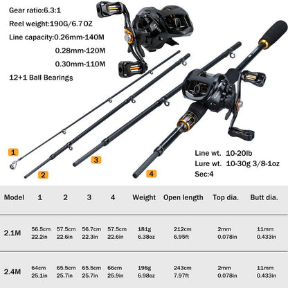 Sougayilang Carbon Fiber Fishing Rod and Reel Combos 4 Section Casting Fishing Pole 12+1BB Reel Fishing Set