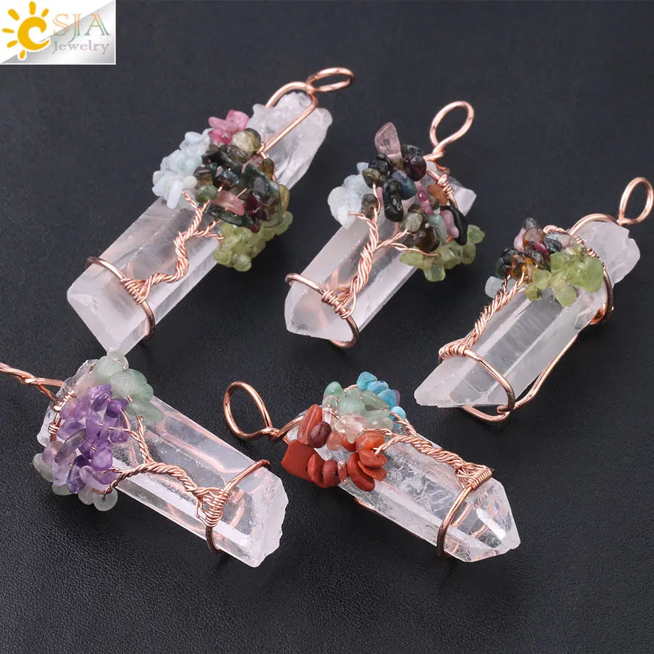 CSJA Natural Stone Rock Crystal Pendant Reiki Chakra Tree of Life Handmade Wire Wrapped Clear Quartz Pendant for Necklace F517
