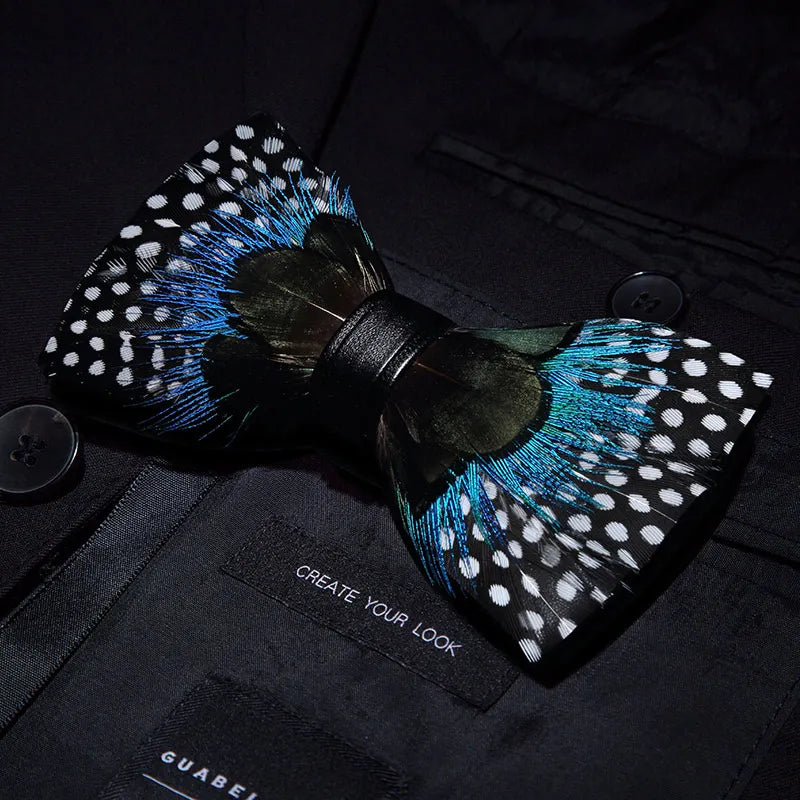 KAMBERFT Designer Brand Handmade Feather and Leather Pre-Tied Bow Tie and Brooch Sets for Men Wedding Party Best Cravate