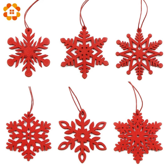 6PCS DIY White&Red Snowflakes Christmas Wooden Pendants Ornaments for Xmas Tree