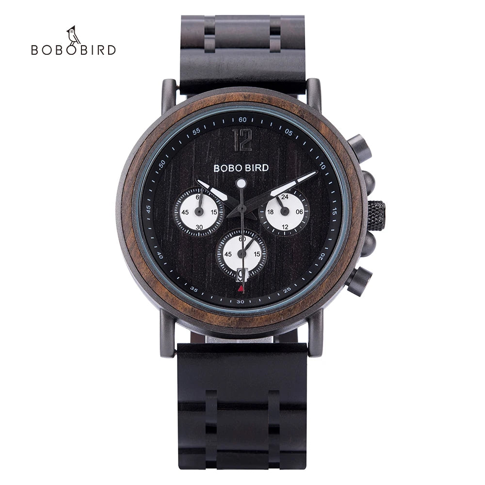 BOBO BIRD P09 Wood and Stainless Steel Watches Mens Chronograph Wristwatches Luminous Hands Stop Clock