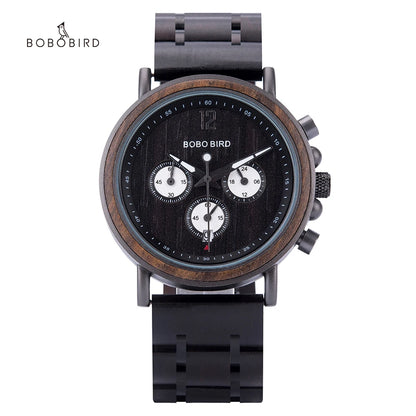 BOBO BIRD P09 Wood and Stainless Steel Watches Mens Chronograph Wristwatches Luminous Hands Stop Clock
