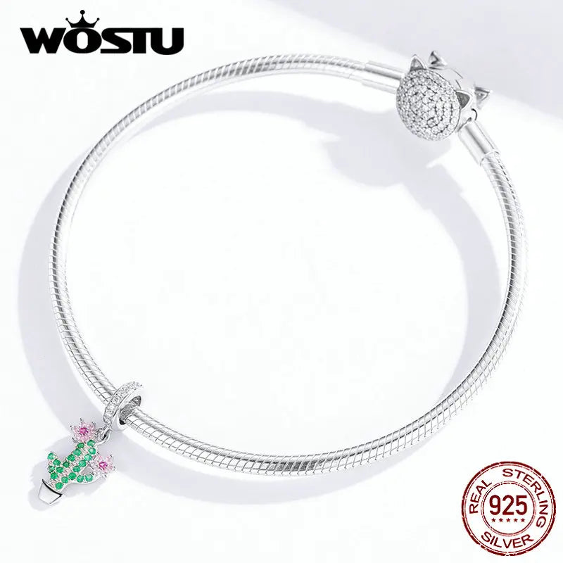 WOSTU New Fashion 925 Sterling Silver Cactus & Flower Beads Green Zircon Fit Original Bracelet Pendant Charms DIY Jewelry CTC121