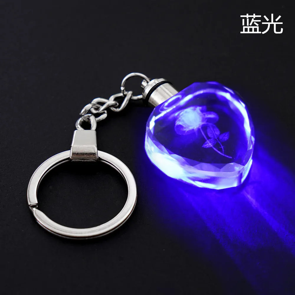 Fashion Colorful Fairy Rose Flower Pattern Love Shape Crystal Rhinestone LED Light Keychain Lover Key Chain Keyring Jewelry