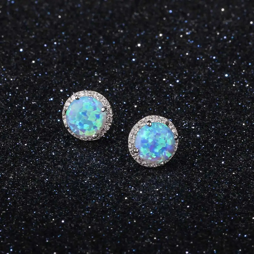 Classic 925 Sterling Silver Stud Earrings Round White Pink Blue Opal Earrings With Cubic Zirconia Jewelry (Lam Hub Fong)