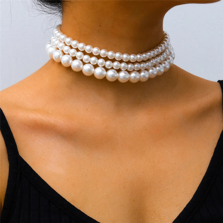 Ingemark Fashion Multilayer White Imitation-Pearl Choker With Metal Slice Fixation Wide Bib Necklace Jewelry for Charm Women
