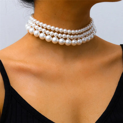 Ingemark Fashion Multilayer White Imitation-Pearl Choker With Metal Slice Fixation Wide Bib Necklace Jewelry for Charm Women