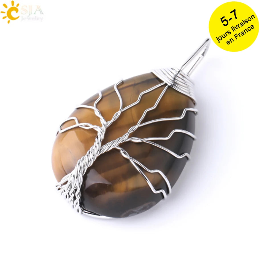 Tiger Eye Tree of Life Crystal Necklace Natural Stone Pendant Wire Wrap Rose Crystals Pink Quartz Amethyst Green Aventurine E585