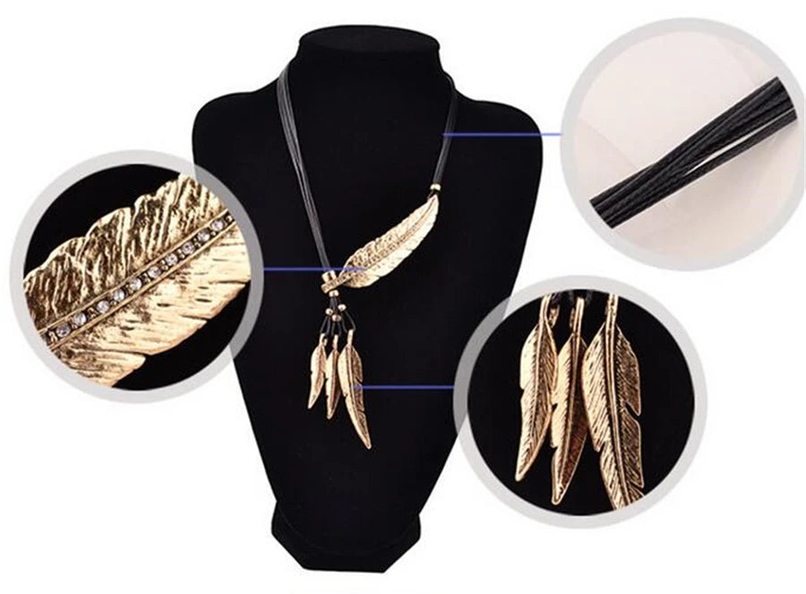 Collier Femme Feather Necklaces & Pendants Rope Leather Vintage Maxi Colar for Statement Necklace Women Fashion Jewelry Bijoux