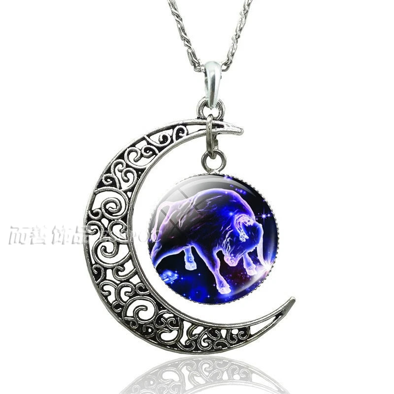 12 Constellation Crescent Moon Necklace Zodiac Sign Glass Jewelry Pendant Aries Gemini Cancer Leo Women Birthday