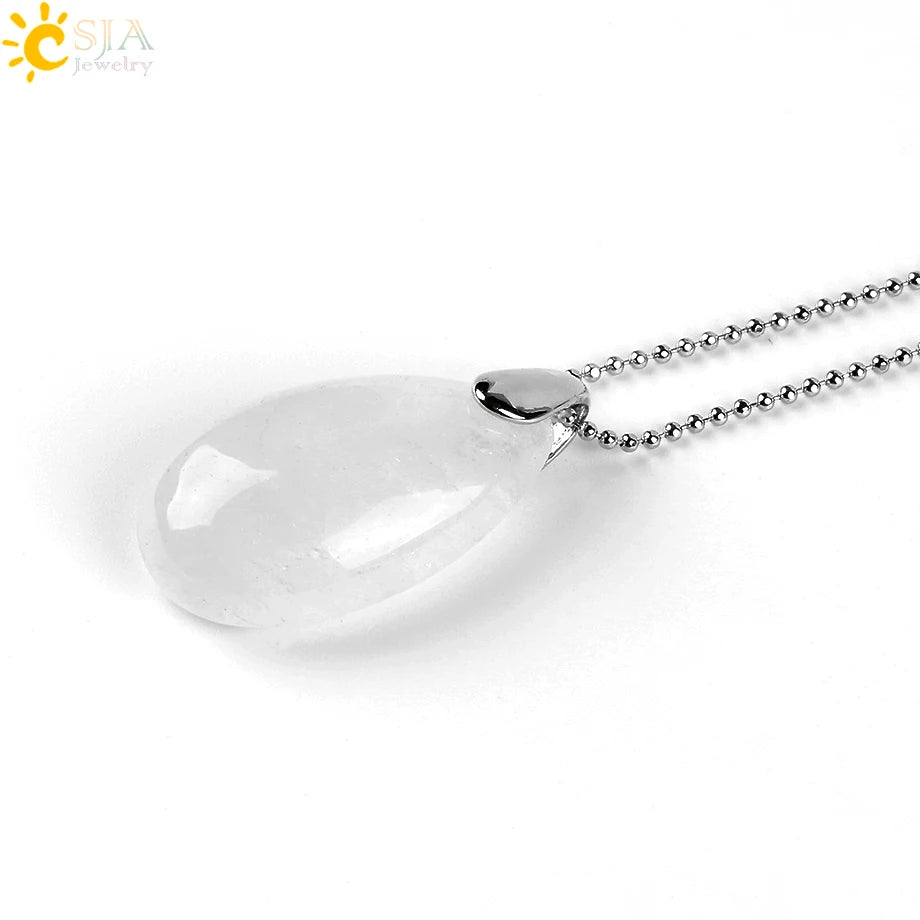 CSJA Natural Gem Stone Pendant Water Drop Necklaces Pendants Tiger Eye Lapis Lazuli Clear Crystal Opal Healing Jewellery E526