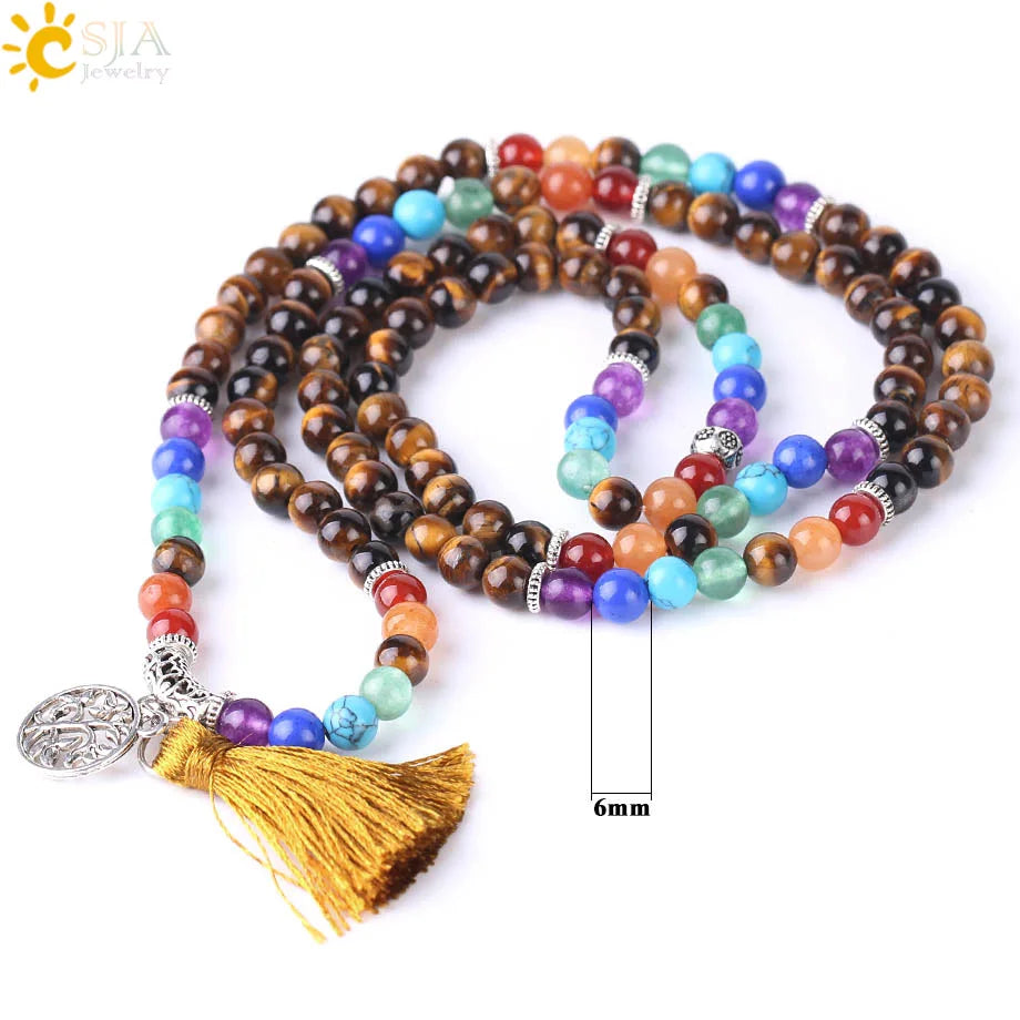 CSJA Women Maxi Long Necklace Natural Mala Gem Stone Bead Tassel 7 Chakra Tiger Eye Pink Quartz Howlite Reiki Boho Necklace E590