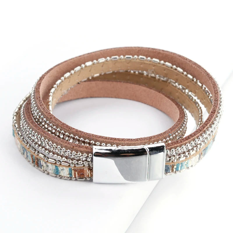 ALLYES Women Leather Bracelet Czech Crystal Vintage Boho Multiple Layered Bohemian Double Wrap Bracelet Femme Jewelry