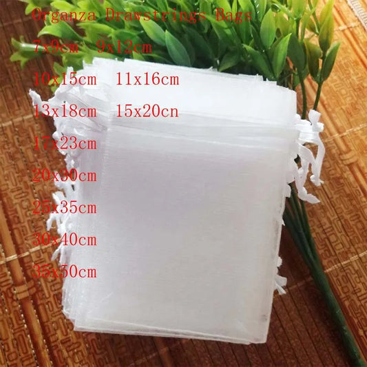 100 Pcs/Lot White Organza Drawstrings Bags 7x9 9x12 10x15 13x18 15x20 20x30 30x40 35x50 Cm Jewelry Package Bags Yarn Pouch